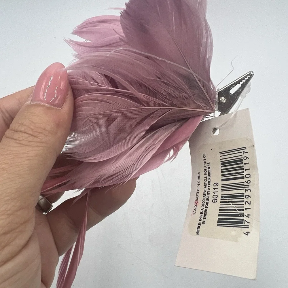 Set Of 3 Pink Feather Clip On Christmas Ornaments‎ Glamorous Chic Classy